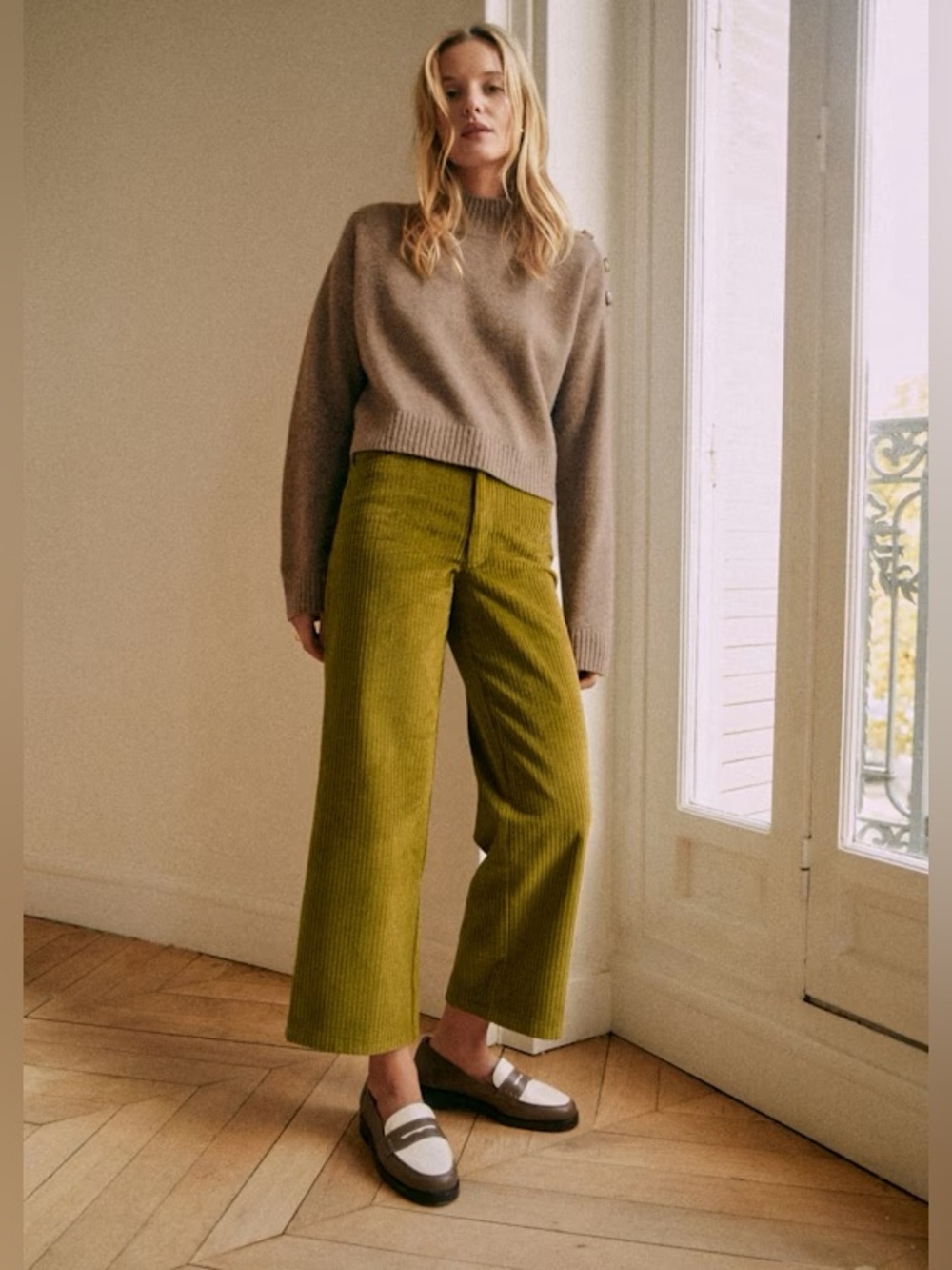 Sezane Le Crop Trousers Meadow Green High Rise Corduroy Pants Wide Leg - Picture 2 of 16